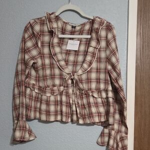 American Eagle Red Plaid Ruffle Top